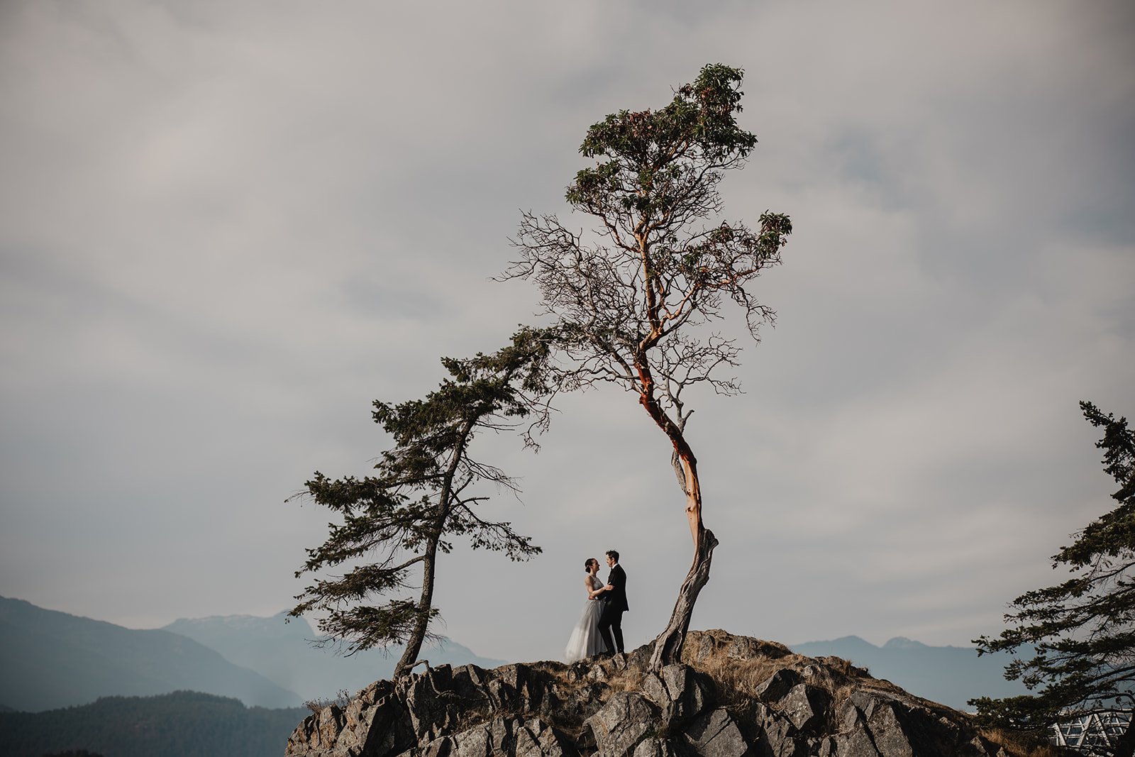 A couple dressed in wedding attire standing on a rocky outcrop, holding hands, with two leaning trees and a mountain range in the background under cloudy skies. Photograph taken during an elopement on Bowen Island by Sea to Sky Studios.